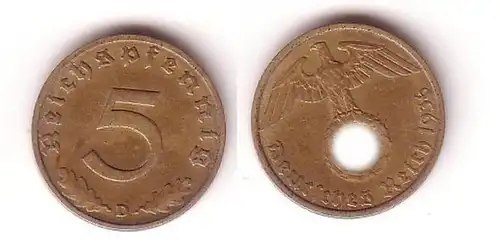 5 Pfennig Messing Münze 3.Reich 1936 D Jäger 363 (112030)