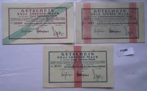3 Banknoten Inflation Kreissparkasser Kreis Alfeld  10.August 1923 (111450)