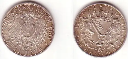 2 Mark Silber Münze Freie Stadt Bremen 1904 vz (MU1465)