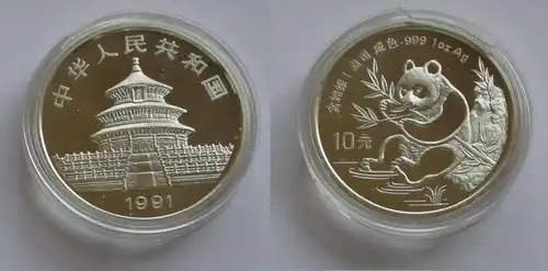 10 Yuan Silber Münze China Panda 1 Unze Feinsilber 1991 Stgl. (132312)