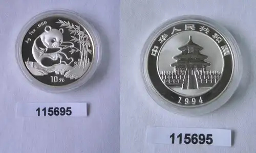 10 Yuan Silber Münze China Panda 1 Unze Feinsilber 1994 Stgl. (115695)