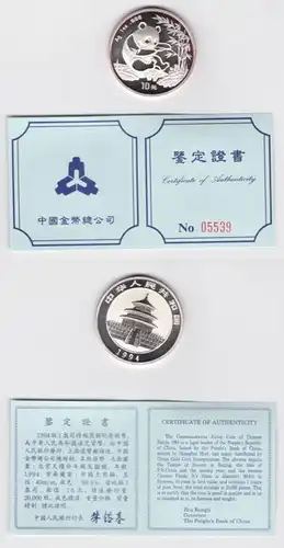 10 Yuan Silber Münze China Panda 1 Unze Feinsilber 1994 Stgl. Zertifikat /154229