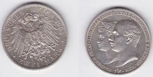 2 Mark argent pièce Mecklembourg Schwerin mariage 1904 Stgl. (150059)
