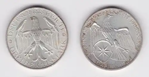Silbermuenze 3 Mark Vereinigung Waldeck mit Preussen 1929 A (152430)
