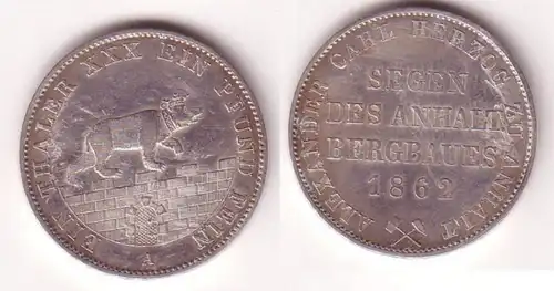 1 Ausbeutetaler Silber Münze Anhalt Bernburg Segen des Bergbau 1862 A (102627)