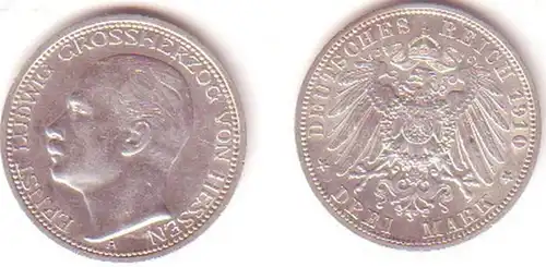 3 Mark Silber Münze Ernst Ludwig Großh. von Hessen 1910 (MU0676)