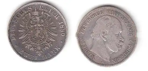 2 Mark pièce d'argent Prusse empereur Guillaume I. 1880 A chasseur 96 (111650)