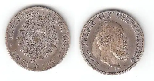 2 Mark pièce d'argent Wurtemberg roi Charles 1877 chasseur 172 (112024)