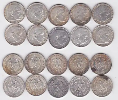 10 pièces d'argent 3.Reich 5 Mark Hindenburg (133941)