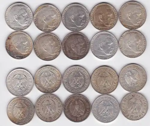 10 pièces d'argent 3.Reich 5 Mark Hindenburg (134249)