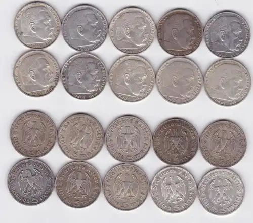 10 Silbermünzen 3.Reich 5 Mark Hindenburg (116252)