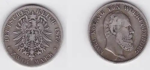 2 Mark pièce d'argent Wurtemberg roi Charles 1877 chasseur 172 f.ss (150658)