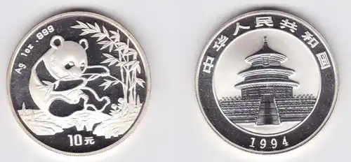 10 Yuan Silber Münze China Panda 1 Unze Feinsilber 1994 Stgl. (130911)