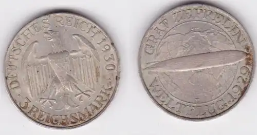 Argent Pièce 3 Mark Comte Zeppelin Vol mondial 1929 E (141910)