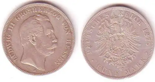 5 Mark Silber Münze Hessen Großherzog Ludwig III 1876 (MU1081)