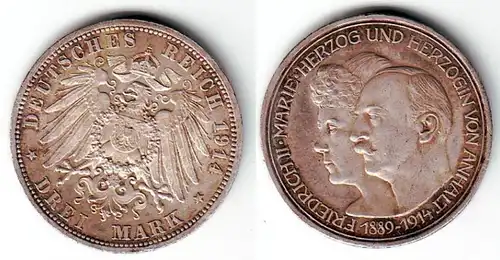 3 Mark Silber Münze Anhalt Silberhochzeit 1914 (104858)