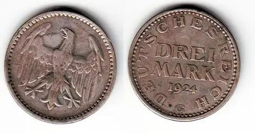 Silber Münze 3 Mark Weimarer Republik 1924 G (109963)