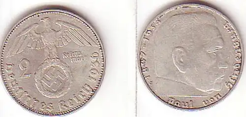 2 Mark argent pièce 3. Reich Hindenburg 1936 J Jäger 366 (MU1389)