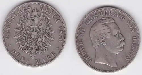 5 Mark Silber Münze Hessen Großherzog Ludwig III 1876 (141826)