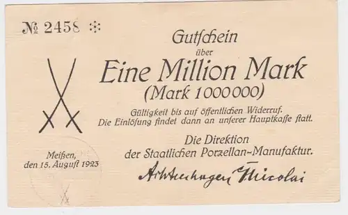 1 Million Mark Banknote Meissen Porzellan Manufaktur 15.8.1923 (110166)