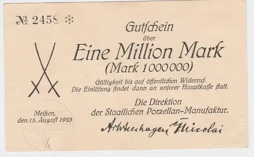 1 million de marks billet de méisse porcelaine Manufacture 15.8.1923 (110166)