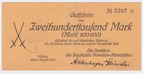 200000 Mark billet Meisse Porcelaine Manufacture 9.8.1923 (111315)