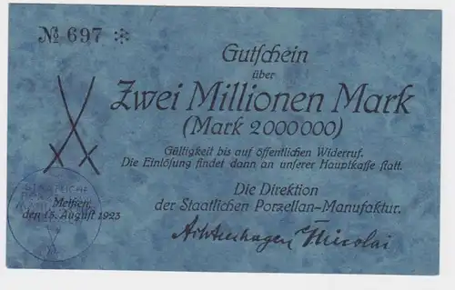 2 Millionen Mark Banknote Meissen Porzellan Manufaktur 1923 (119671)