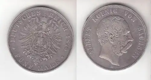 5 Mark Silbermünze Sachsen König Albert 1875 Jäger 125  (111299)