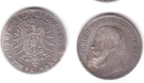 2 Mark pièce d'argent Baden Grand-Duc Friedrich 1877 Jäger 26 (112072)