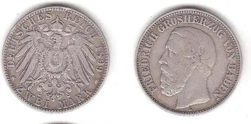 2 Mark Silbermünze Baden Großherzog Friedrich 1899 Jäger 28  (112043)