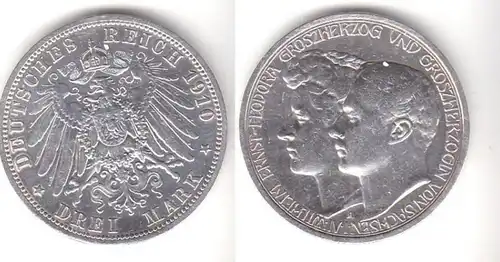 3 Mark Silbermünze Sachsen Weimar Eisenach 2.Hochzeit 1910 Jäger 162 (111530)