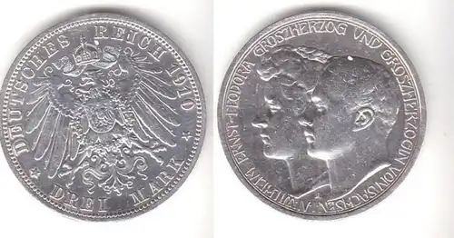 3 Mark pièce d'argent Saxe Weimar Eisenach 2. Mariage 1910 Chasseur 162 (111530)