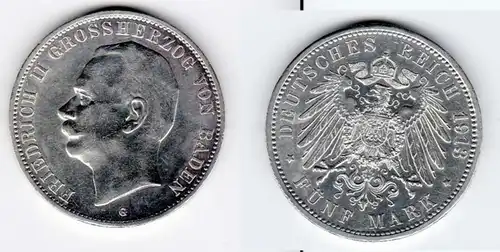 5 Mark Silbermünze Baden Großherzog Friedrich II 1913 Jäger 40  (129754)