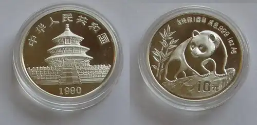 10 pièce d'argent yuan Chine Panda 1 once d ' argent fin 1990 Stgl. (131833)