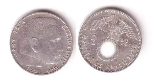 2 Mark argent pièce 3.Reich Hindenburg 1936 J J Jager 366 (112579)
