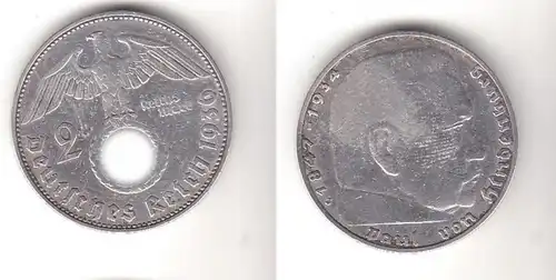2 Mark argent pièce 3.Reich Hindenburg 1936 J J Jager 366 (116282)