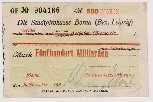 chèque de société 500 milliards de marks billet de la caisse municipale de Borna 8.11.1923(120337)