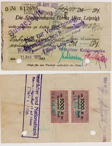 Chèque de société 793000 Mark billet de la caisse municipale de Borna 11.8.1923 (120715)