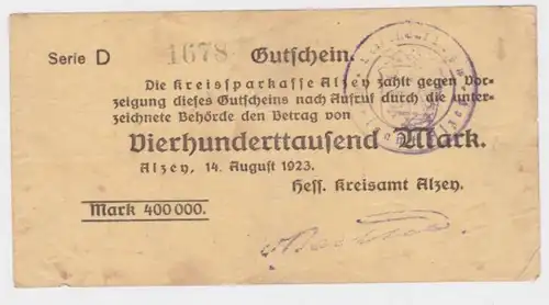 400000 mark billet Inflation Caisse d'épargne circulaire Alzey 14.8.1923 RAR (140366)