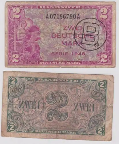 2 Mark Banknoten Bank Deutscher Länder 1948 mit B Stempel (119023)