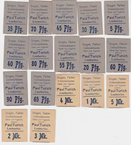 17 Banknoten Löberitz Paul Turich, Drogen, Farben, Kolonialwaren o.D. (132144)