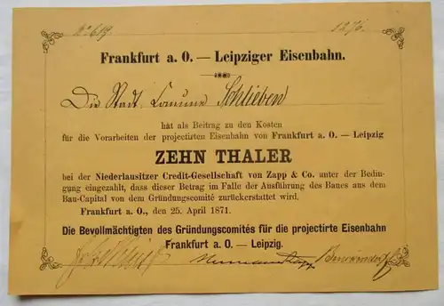 10 Thaler Frankfurt a.O. Leipziger Rail 25.avril 1871 (134495)