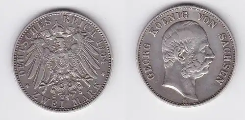 2 Mark Silber Münze Sachsen König Georg 1904 Jäger 129 vz (150739)