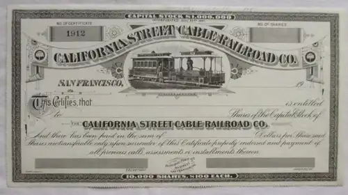 100 dollars Partager Californiastreet Cable Railroad Co 1912 (120098)