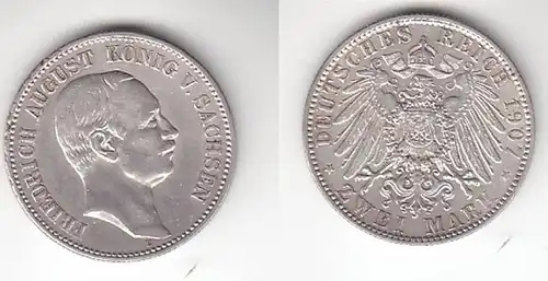 2 Mark Silber Münze Sachsen König Friedrich August 1907 E (114559)