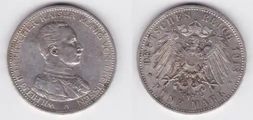 5 Mark pièce d'argent Prussen Wilhelm II en uniforme 1913 A chasseur 114 vz (129473)