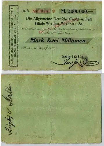 2 Millionen Mark Banknote Inflation ADCA Werdau 11.08.1923 (123498)