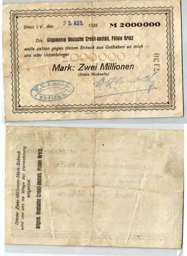 2 Millionen Mark Banknote Inflation ADCA Greiz 24.08.1923 (123621)
