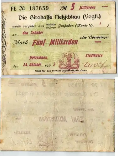 5 Milliarden Mark Banknote Inflation Girokasse Netzschkau 24.10.1923 (123530)