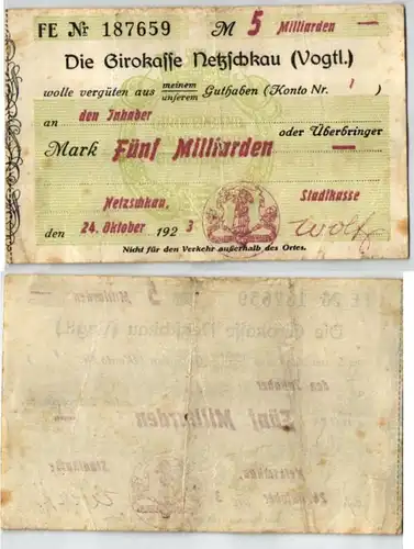 5 milliards de marks Billet Inflation Girokasse Netzschäus 24.10.1923 (123530)